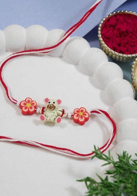 Red Cartoon Kids Thread Rakhi With Roli Chawal