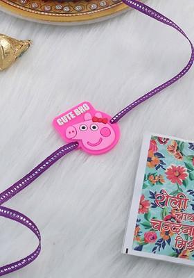 Stylish Pink Cartoon Character Kids Rakhi With Roli Chawal Chandan And Mishri