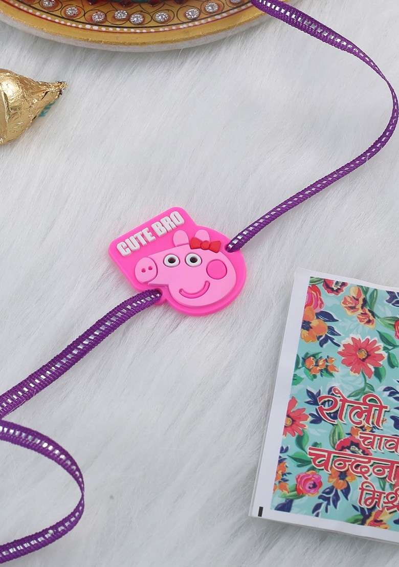 Stylish Pink Cartoon Character Kids Rakhi With Roli Chawal Chandan And Mishri - Indya