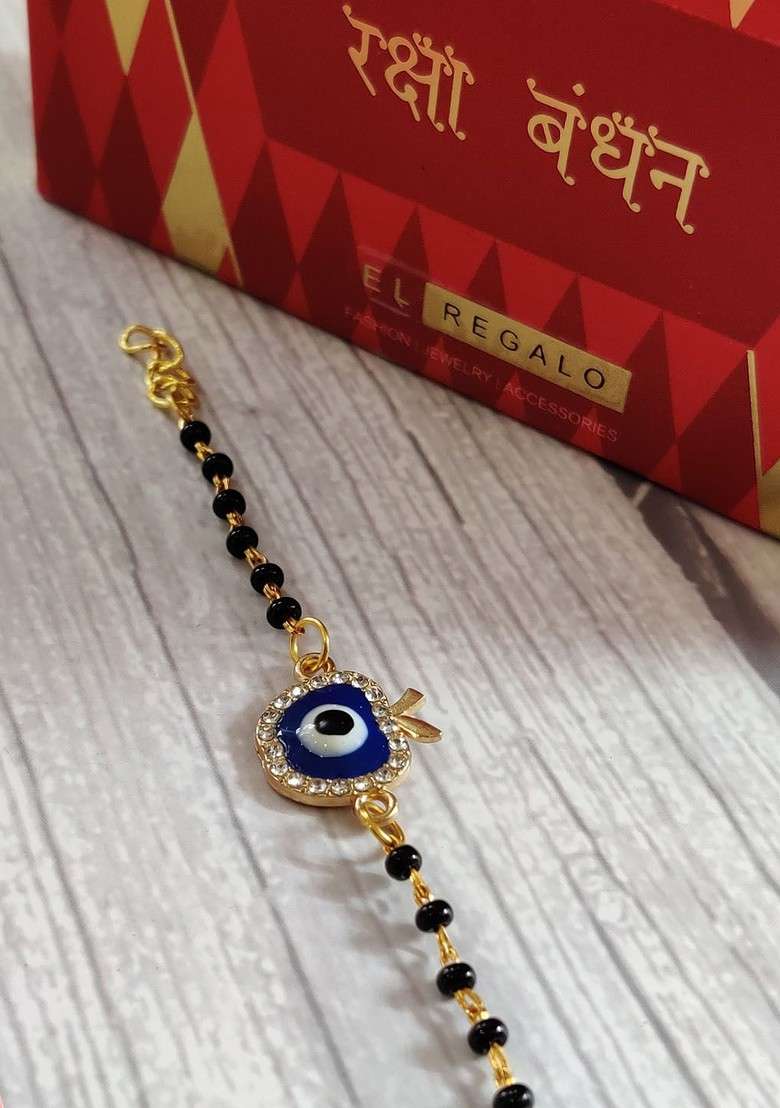 Gold Blue Evil Eye Stonestudded Nazaria Rakhi For Baby - Indya
