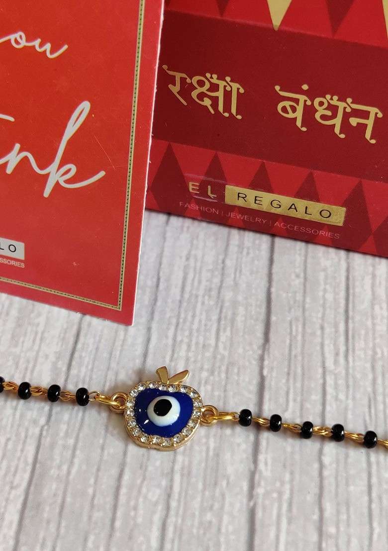 Gold Blue Evil Eye Stonestudded Nazaria Rakhi For Baby - Indya
