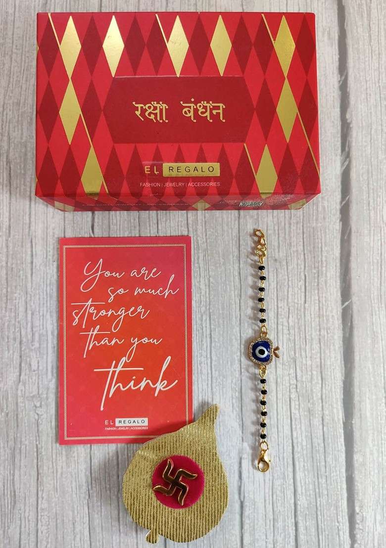 Gold Blue Evil Eye Stonestudded Nazaria Rakhi For Baby - Indya