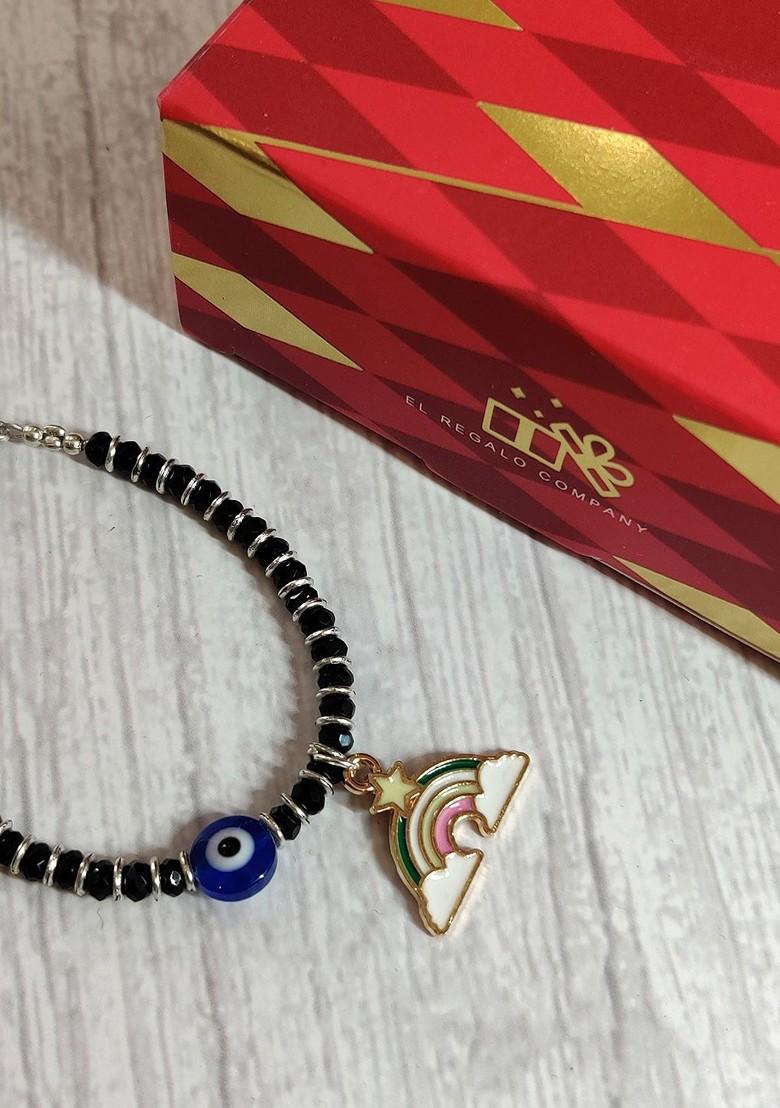 Baby Silver Coloured Blue Evil Eye Rakhi With Greeting Card And Roli Chawal - Indya