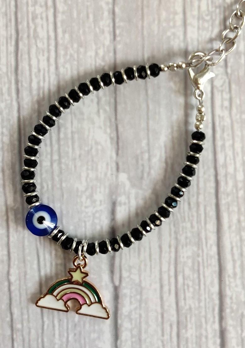 Baby Silver Coloured Blue Evil Eye Rakhi With Greeting Card And Roli Chawal - Indya