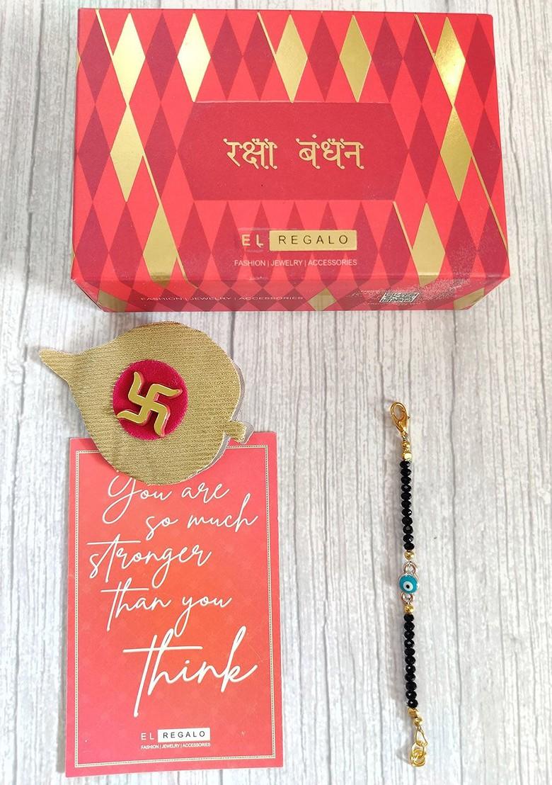 Gold Blue Evil Eye Wrap Around Rakhi For Baby With Roli Chawal Combo Set