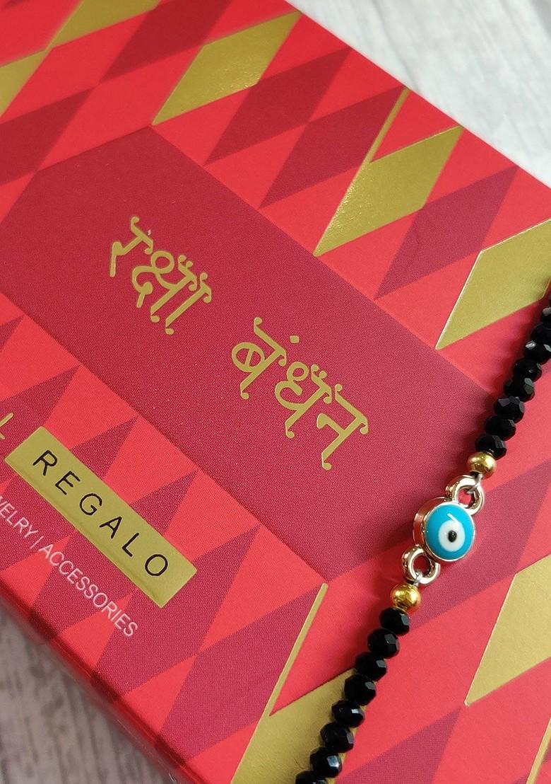 Gold Blue Evil Eye Wrap Around Rakhi For Baby With Roli Chawal Combo Set