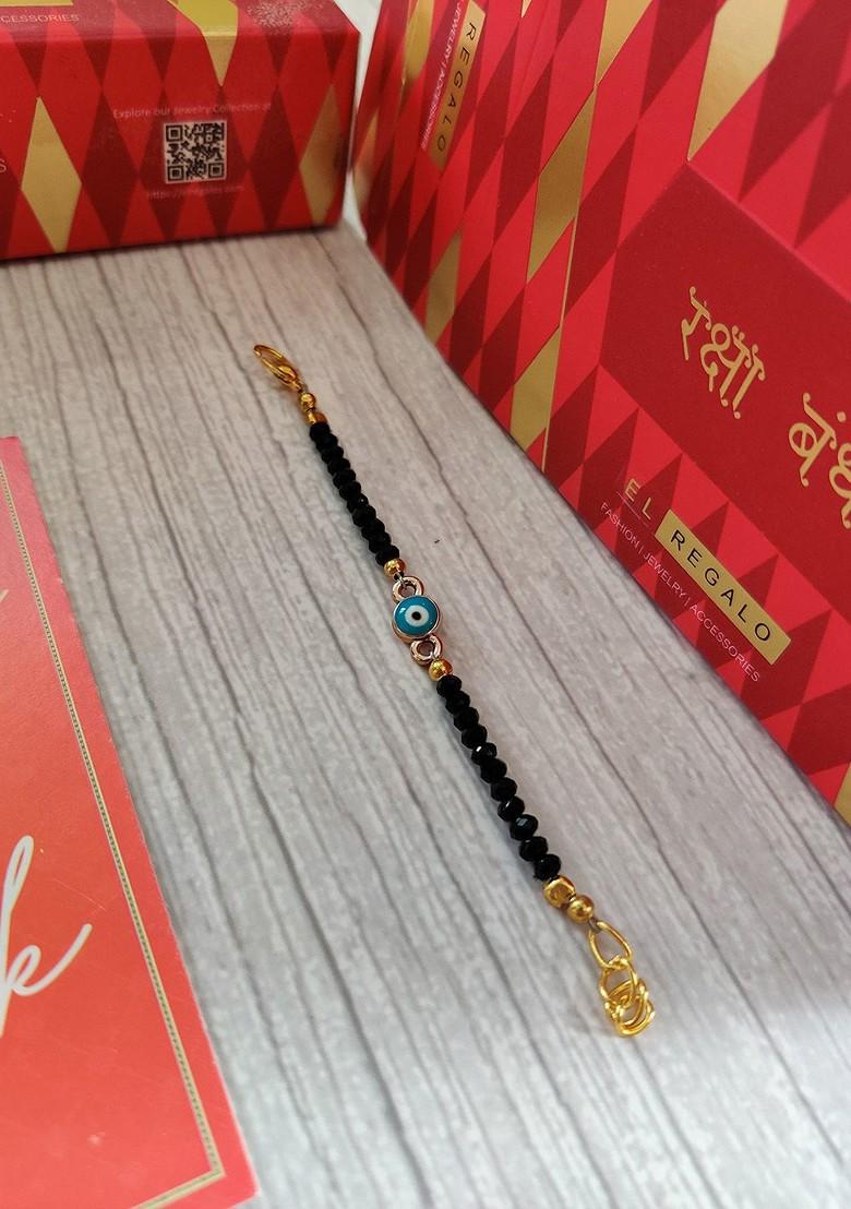Gold Blue Evil Eye Wrap Around Rakhi For Baby With Roli Chawal Combo Set