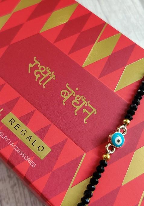 Gold Blue Evil Eye Wrap Around Rakhi For Baby With Roli Chawal Combo Set