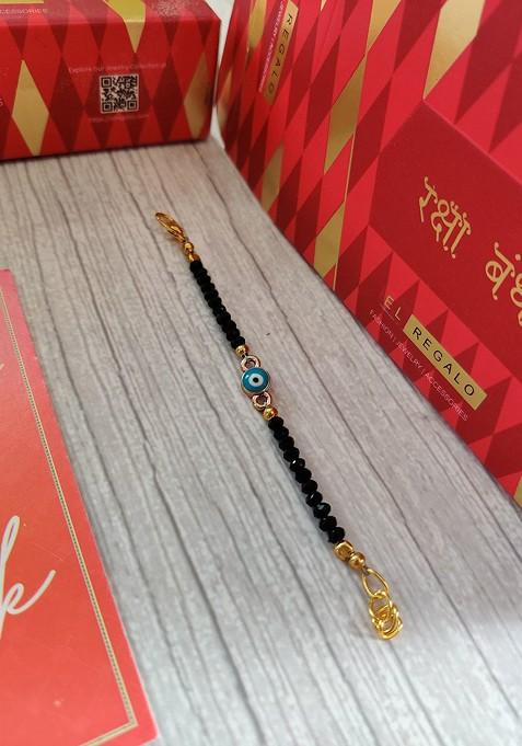 Gold Blue Evil Eye Wrap Around Rakhi For Baby With Roli Chawal Combo Set