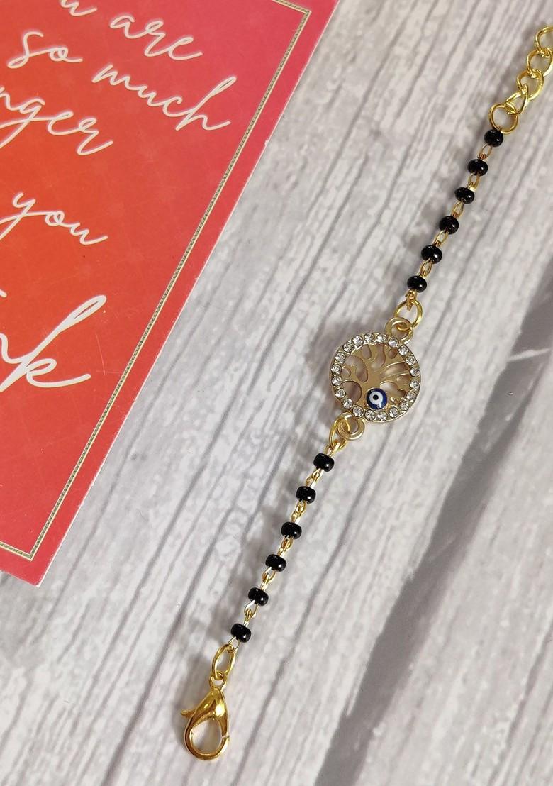 Baby Gold Coloured Black Evil Eye Rakhi With Greeting Card - Indya