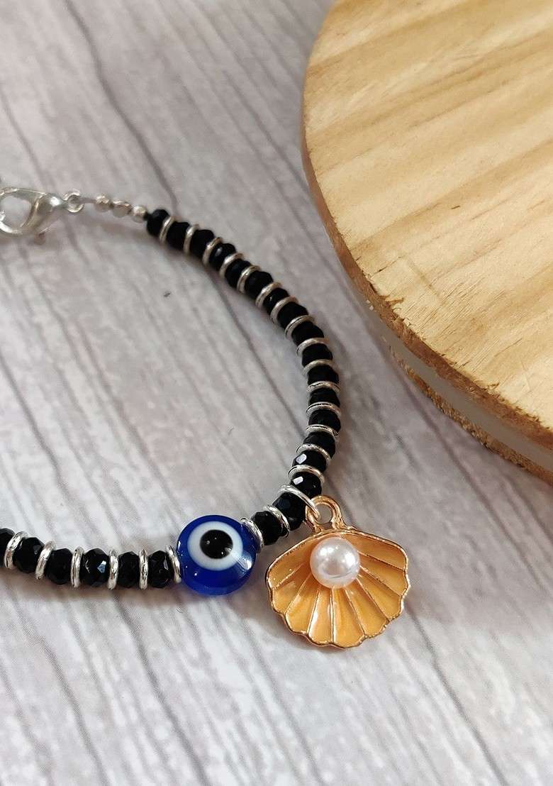 Baby Silver Coloured Blue Evil Eye Rakhi With Roli Chawal And Rakhi Card - Indya