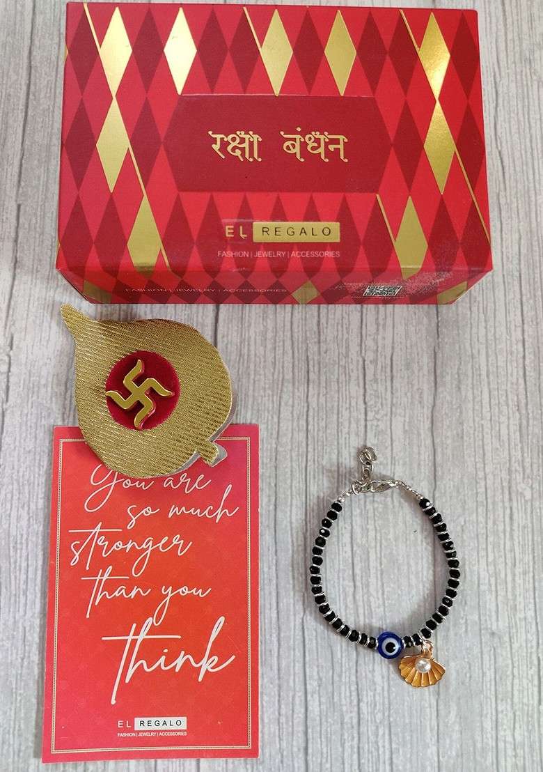 Baby Silver Coloured Blue Evil Eye Rakhi With Roli Chawal And Rakhi Card - Indya