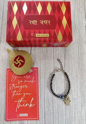 Gold Coloured Black Evil Eye Baby Rakhi With Roli Chawal Raksha Bandhan Card