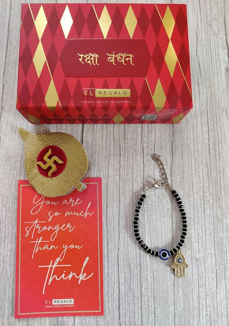 Gold Coloured Black Evil Eye Baby Rakhi With Roli Chawal Raksha Bandhan Card
