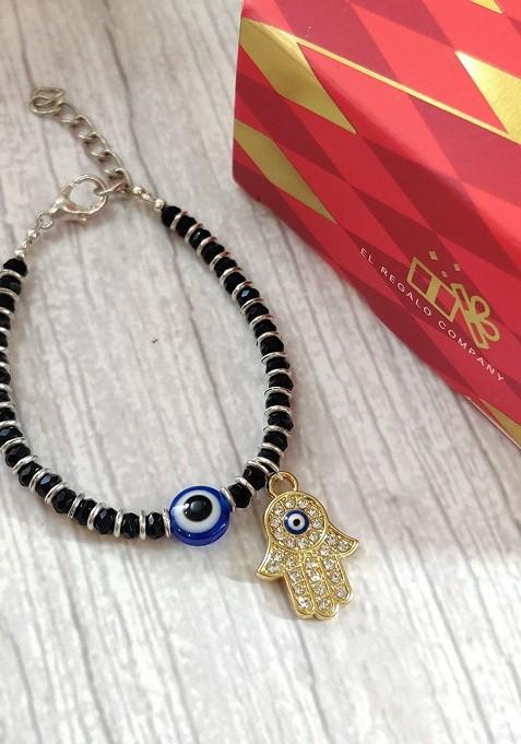 Gold Coloured Black Evil Eye Baby Rakhi With Roli Chawal Raksha Bandhan Card