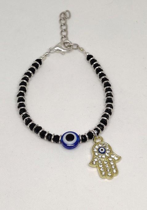 Gold Coloured Black Evil Eye Baby Rakhi With Roli Chawal Raksha Bandhan Card