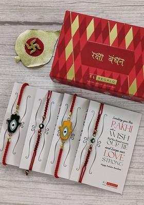 Set Of 4 Red And Yellow Evil Eye Wrap Around Rakhi With Roli Chawal And Raksha Bandhan Greeting Card