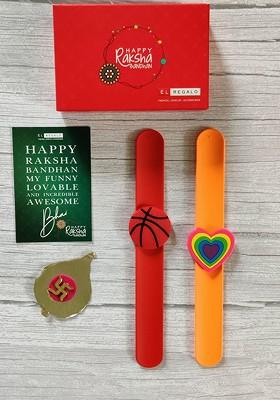 Kids Set Of 2 Red Orange Embedded Rakhi Combo With Card And Roli Chawal