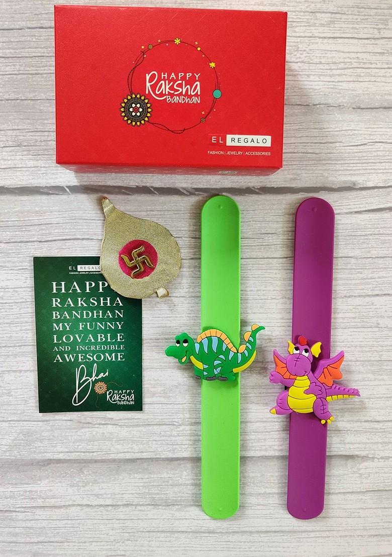 Kids Pack Of 2 Green Purple Wraparound Rakhi Combo With Card And Roli Chawal