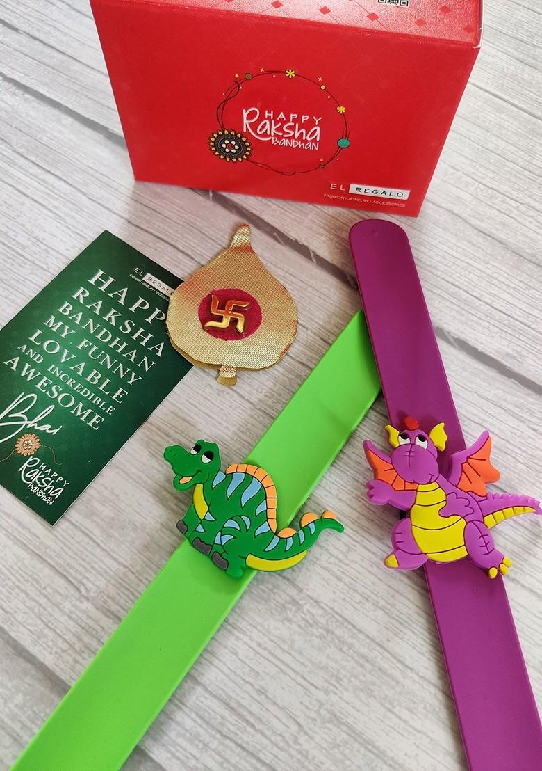Kids Pack Of 2 Green Purple Wraparound Rakhi Combo With Card And Roli Chawal
