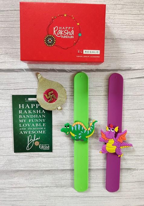 Kids Pack Of 2 Green Purple Wraparound Rakhi Combo With Card And Roli Chawal