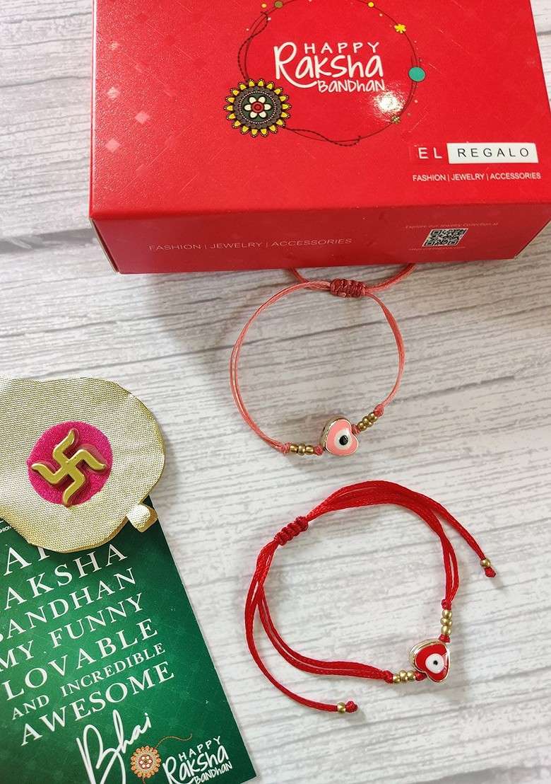 Kids Pack Of 2 Red Rakhi Combo With Card And Roli Chawal Shagun - Indya
