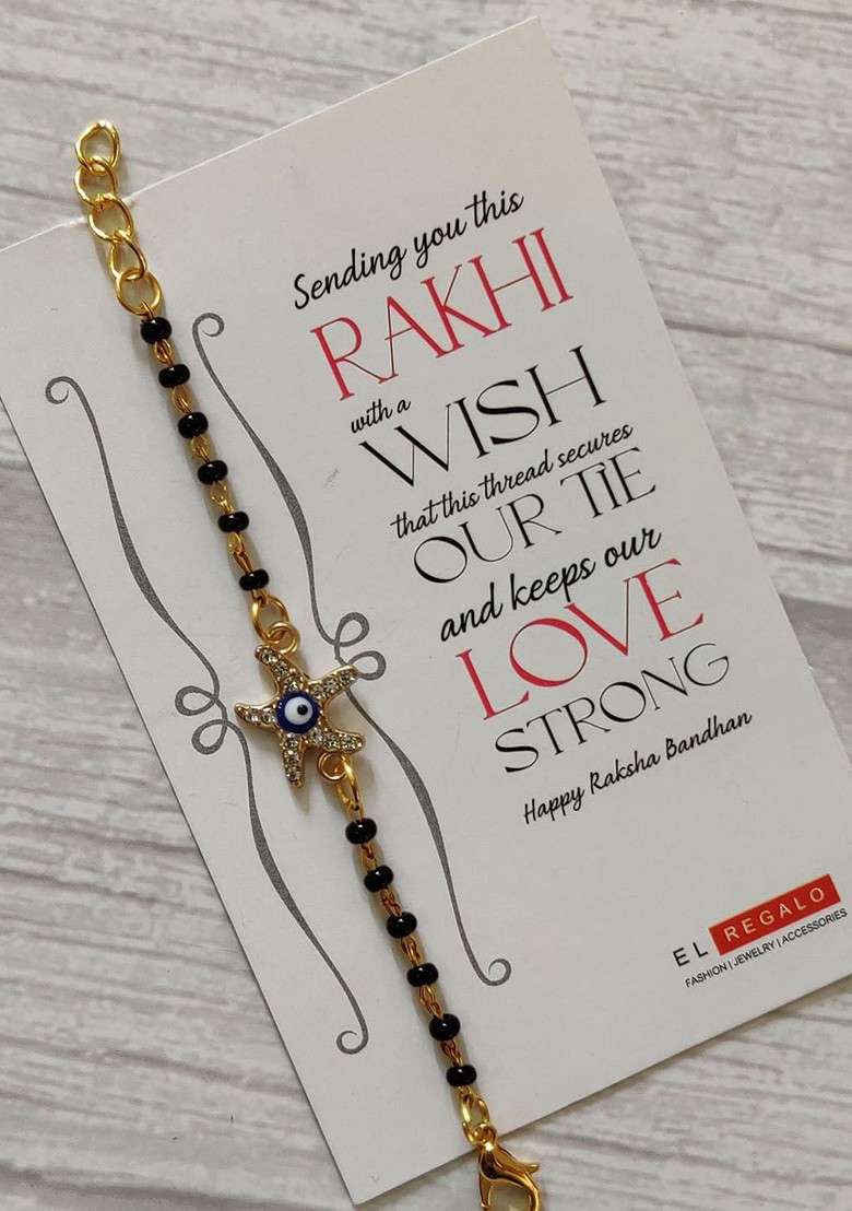 Kids Goldtoned Nazaria Rakhi Combo With Greeting Card And Roli Chawal Shagun - Indya