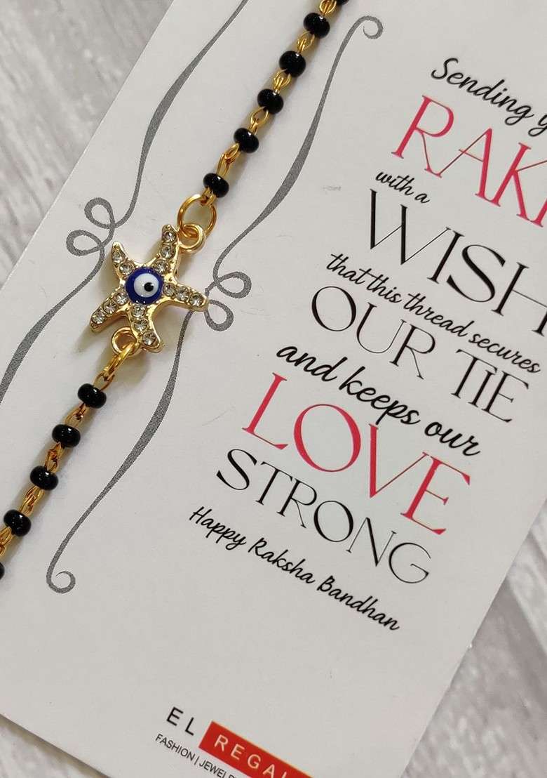 Kids Goldtoned Nazaria Rakhi Combo With Greeting Card And Roli Chawal Shagun - Indya