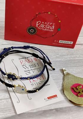 Kids Set Of 2 Black And Blue Rakhi Combo With Card And Roli Chawal