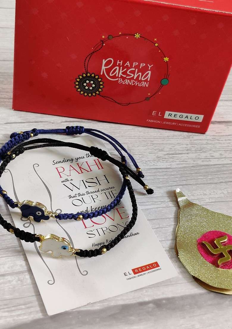 Kids Set Of 2 Black And Blue Rakhi Combo With Card And Roli Chawal - Indya