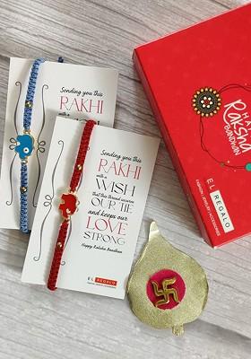 Kids Set Of 2 Blue Red Rakhi Combo With Card And Roli Chawal