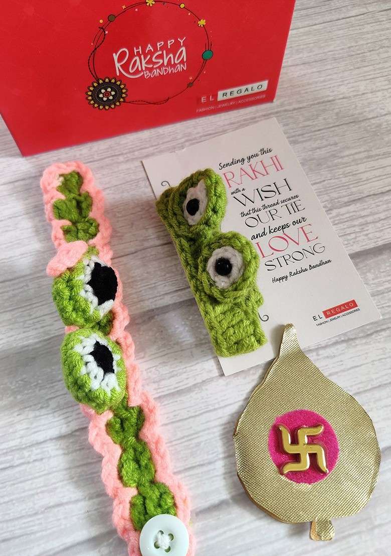 Kids Baby Set Of 2 Pink Green Rakhi With Roli Chawal Card - Indya
