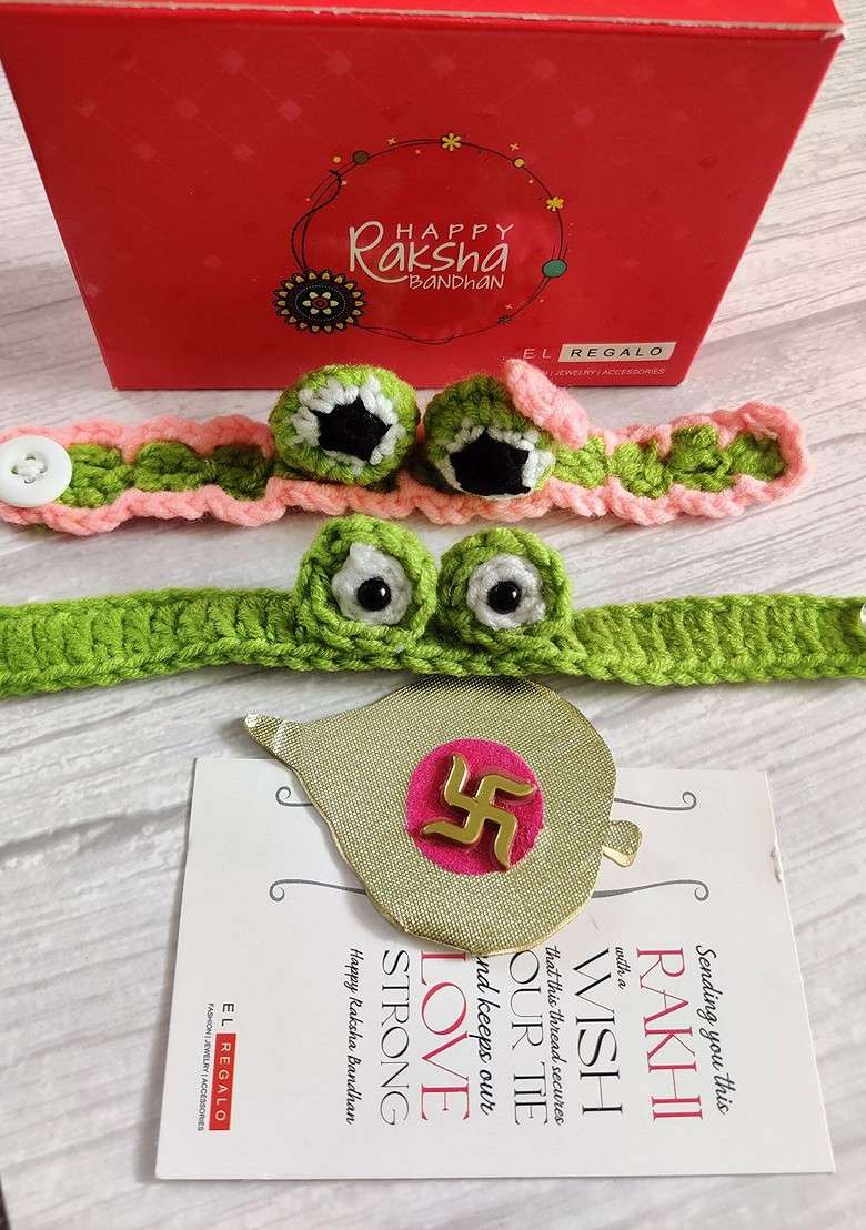 Kids Baby Set Of 2 Pink Green Rakhi With Roli Chawal Card - Indya