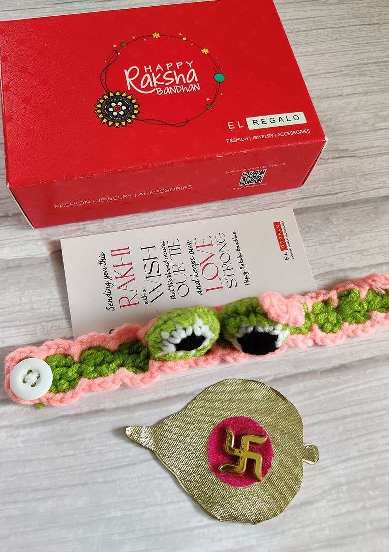 Kids Baby Set Of 2 Pink Green Rakhi With Roli Chawal Card - Indya