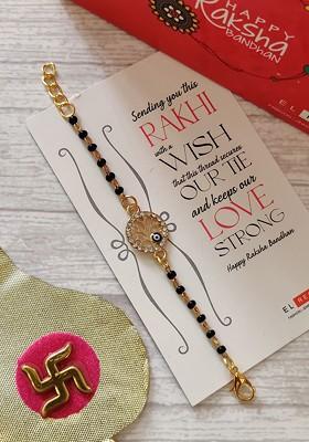 Kids Goldtoned Nazaria Rakhi Combo With Greeting Card And Roli Chawal Shagun