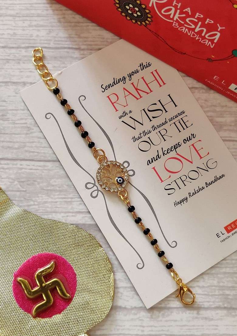 Kids Goldtoned Nazaria Rakhi Combo With Greeting Card And Roli Chawal Shagun - Indya