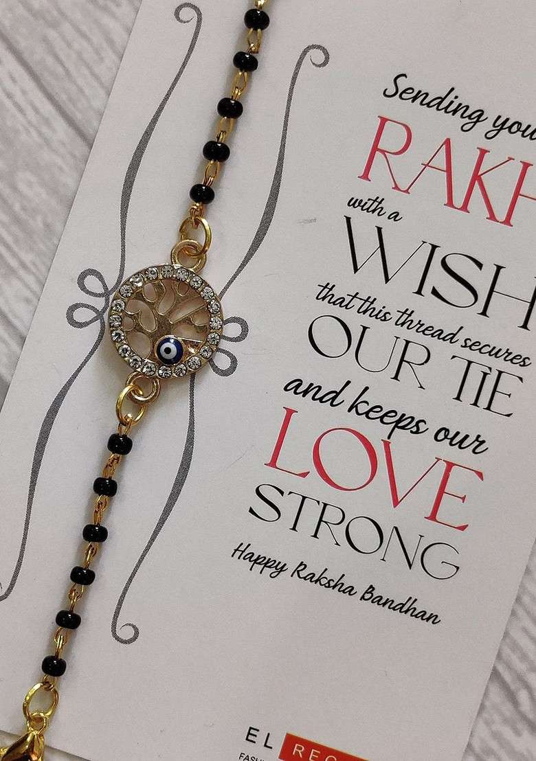 Kids Goldtoned Nazaria Rakhi Combo With Greeting Card And Roli Chawal Shagun - Indya