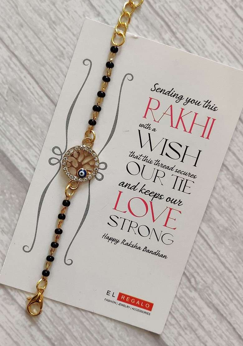 Kids Goldtoned Nazaria Rakhi Combo With Greeting Card And Roli Chawal Shagun - Indya