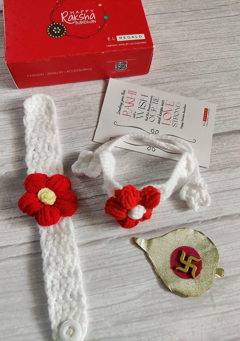 Kids Red White Set Of 2 Rakhi With Roli Chawal Card - Indya