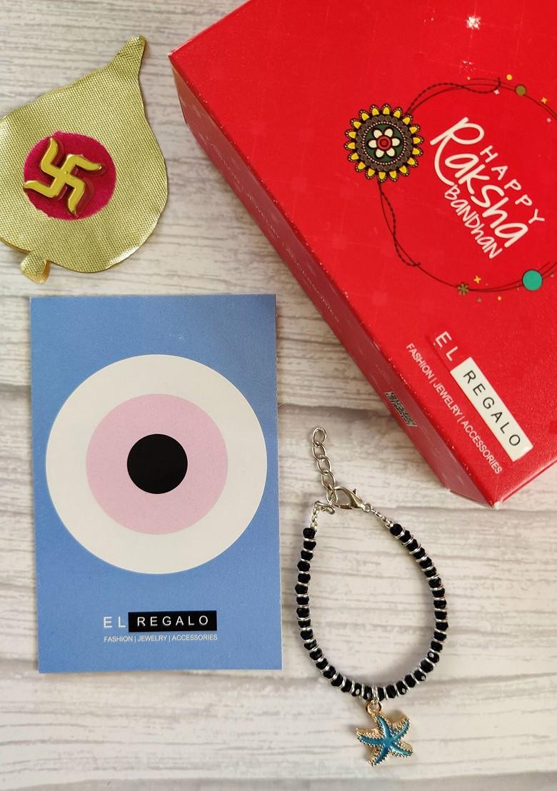 Unisex Blue Nazaria Rakhi Combo With Greeting Card And Roli Chawal Shagun