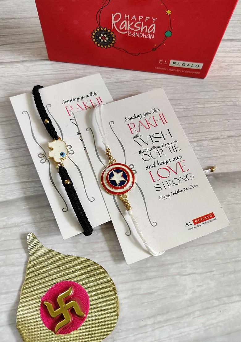 Kids Pack Of 2 Black White Beaded Rakhi Combo With Card And Roli Chawal