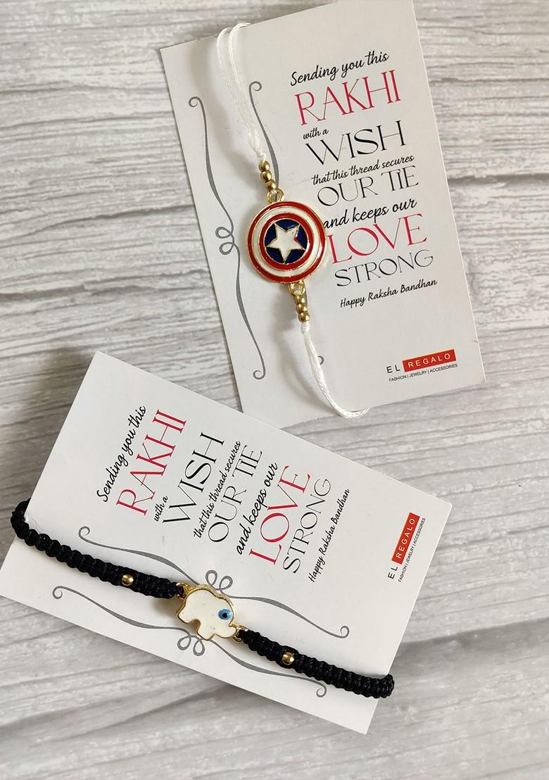 Kids Pack Of 2 Black White Beaded Rakhi Combo With Card And Roli Chawal