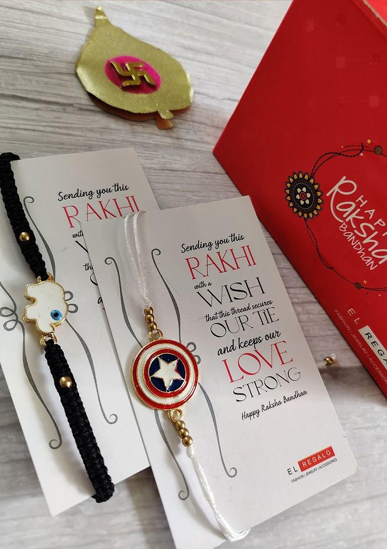 Kids Pack Of 2 Black White Beaded Rakhi Combo With Card And Roli Chawal