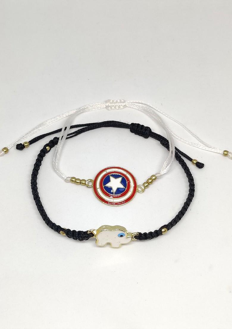 Kids Pack Of 2 Black White Beaded Rakhi Combo With Card And Roli Chawal