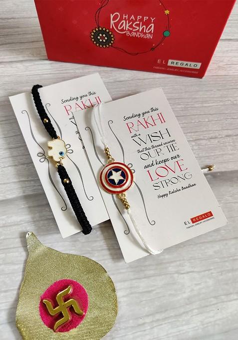 Kids Pack Of 2 Black White Beaded Rakhi Combo With Card And Roli Chawal