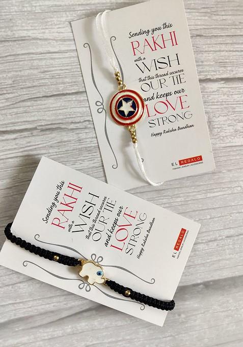 Kids Pack Of 2 Black White Beaded Rakhi Combo With Card And Roli Chawal