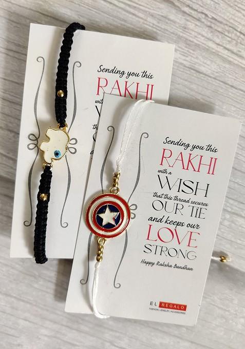 Kids Pack Of 2 Black White Beaded Rakhi Combo With Card And Roli Chawal