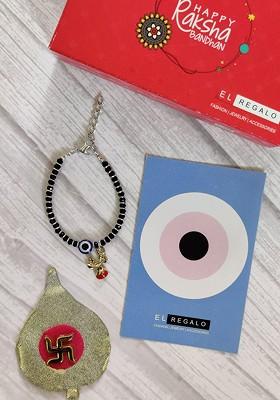 Kids Red Nazaria Rakhi Combo With Greeting Card And Roli Chawal Shagun