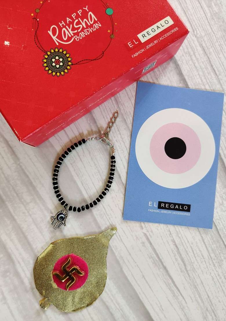 Kids Navy Blue Nazaria Rakhi Combo With Greeting Card And Roli Chawal Shagun - Indya