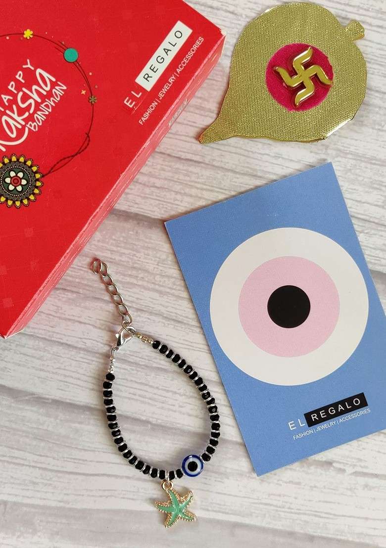 Kids Green Nazaria Rakhi Combo With Greeting Card And Roli Chawal Shagun - Indya